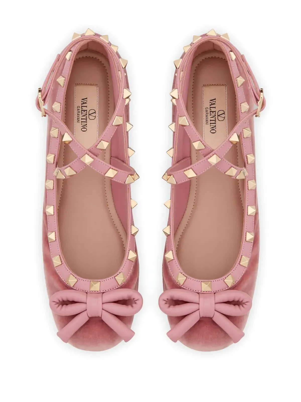 Valentino Garavani ロックスタッド ベルベット バレエフラット ピンク - 画像4