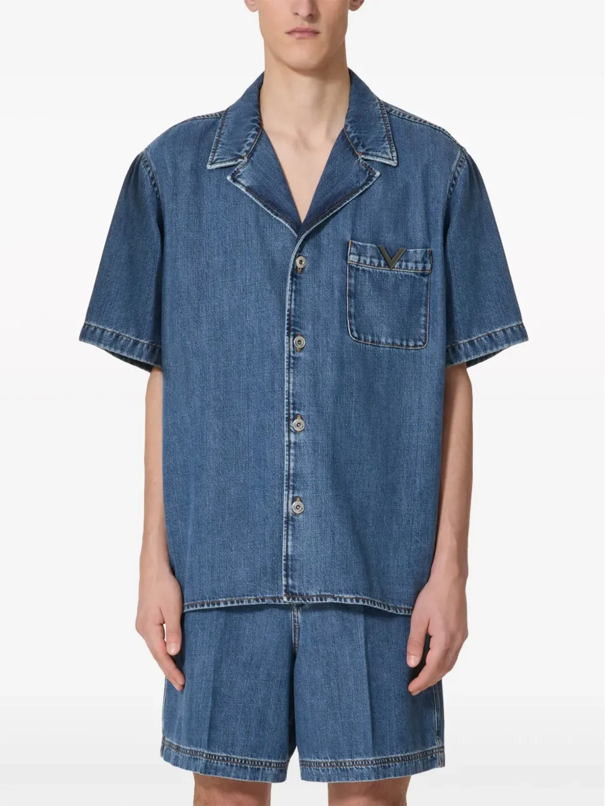 Valentino Garavani Vディテール デニムボウリングシャツ ブルー - 画像3