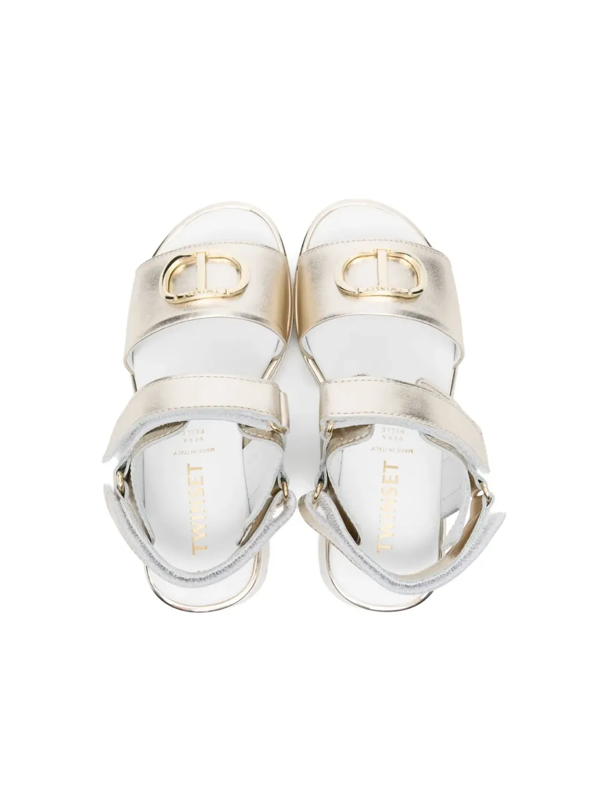 TWINSET Kids ロゴプレートレザーサンダル ゴールド - 画像3
