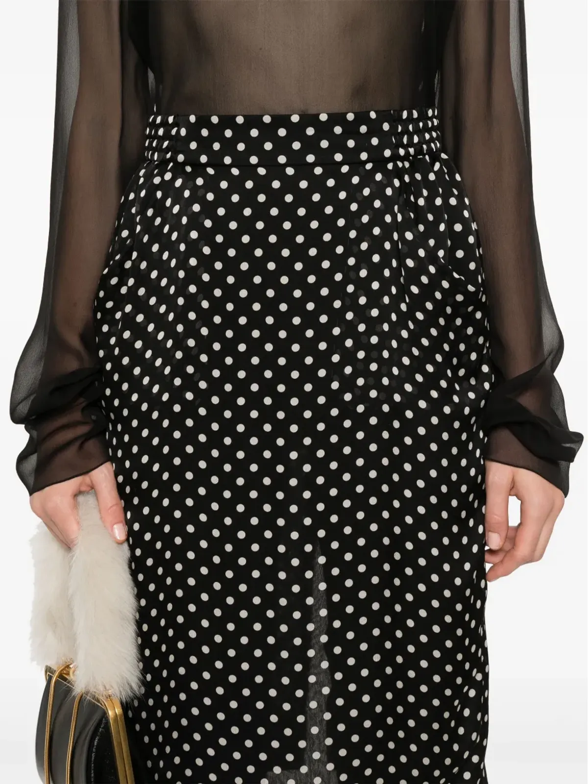 Saint Laurent ポルカドット シルク ミディスカート ブラック - 画像5
