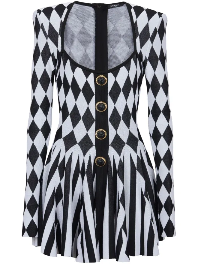 BALMAIN Balmain ダイヤモンド柄インターシャ編みミニドレス ブラックの商品画像