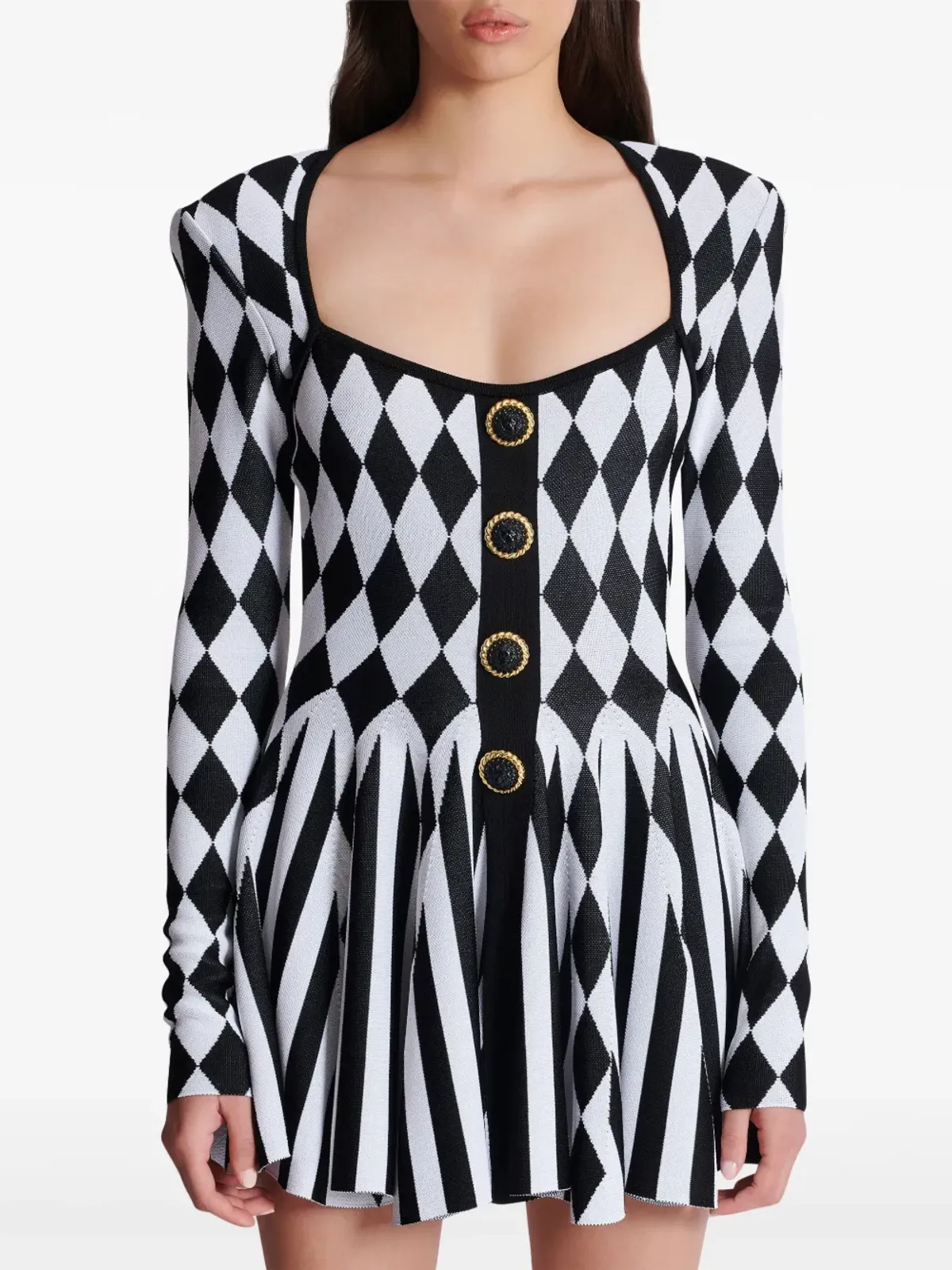 Balmain ダイヤモンド柄インターシャ編みミニドレス ブラック - 画像5
