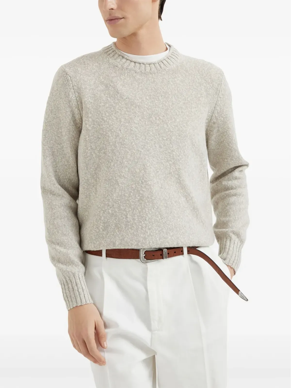 Brunello Cucinelli クルーネック メランジ セーター ホワイト - 画像3