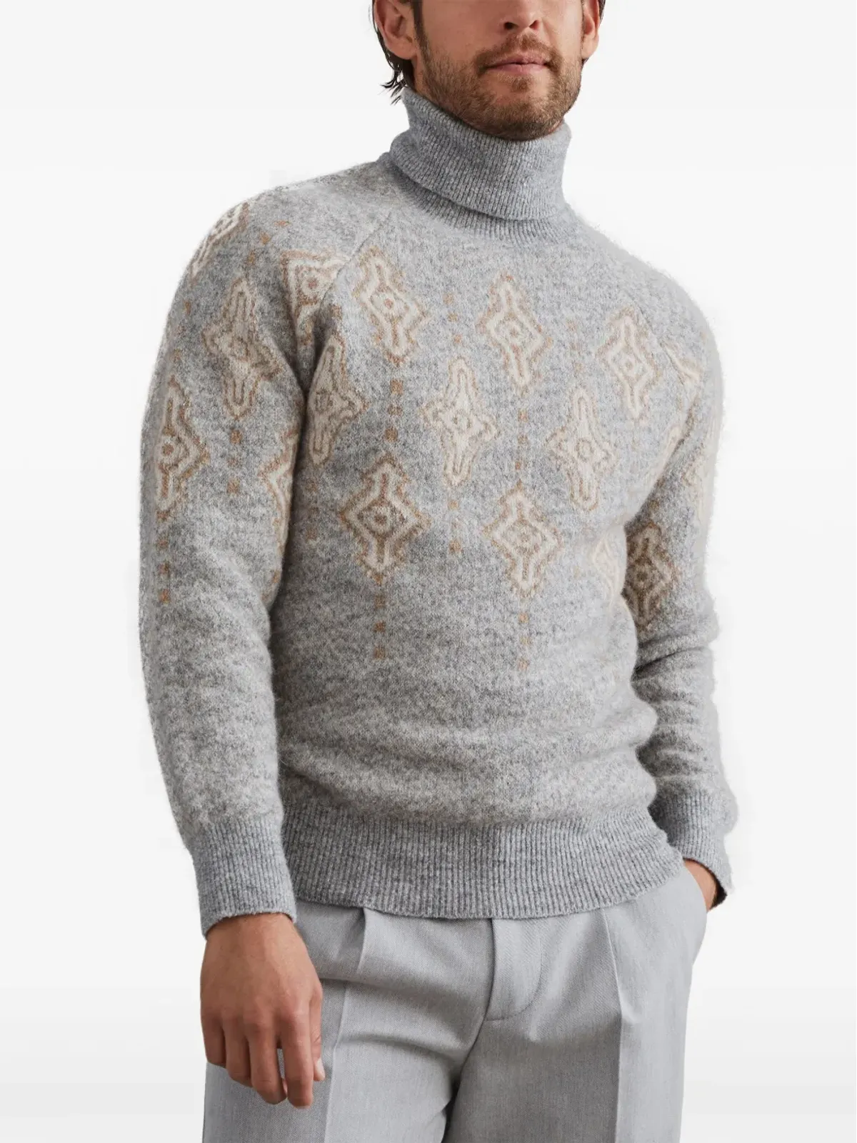 Brunello Cucinelli パターン入りインターシャ ロールネック セーター - Grey - 画像3