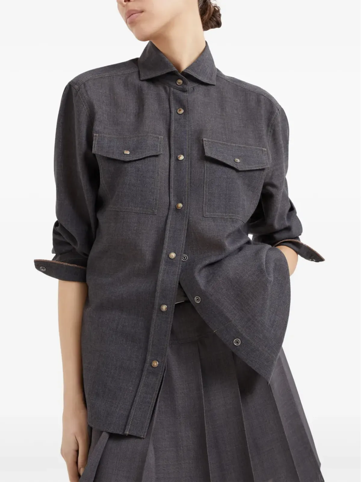 Brunello Cucinelli モニリートリム ヴァージンウール シャツ グレー - 画像5