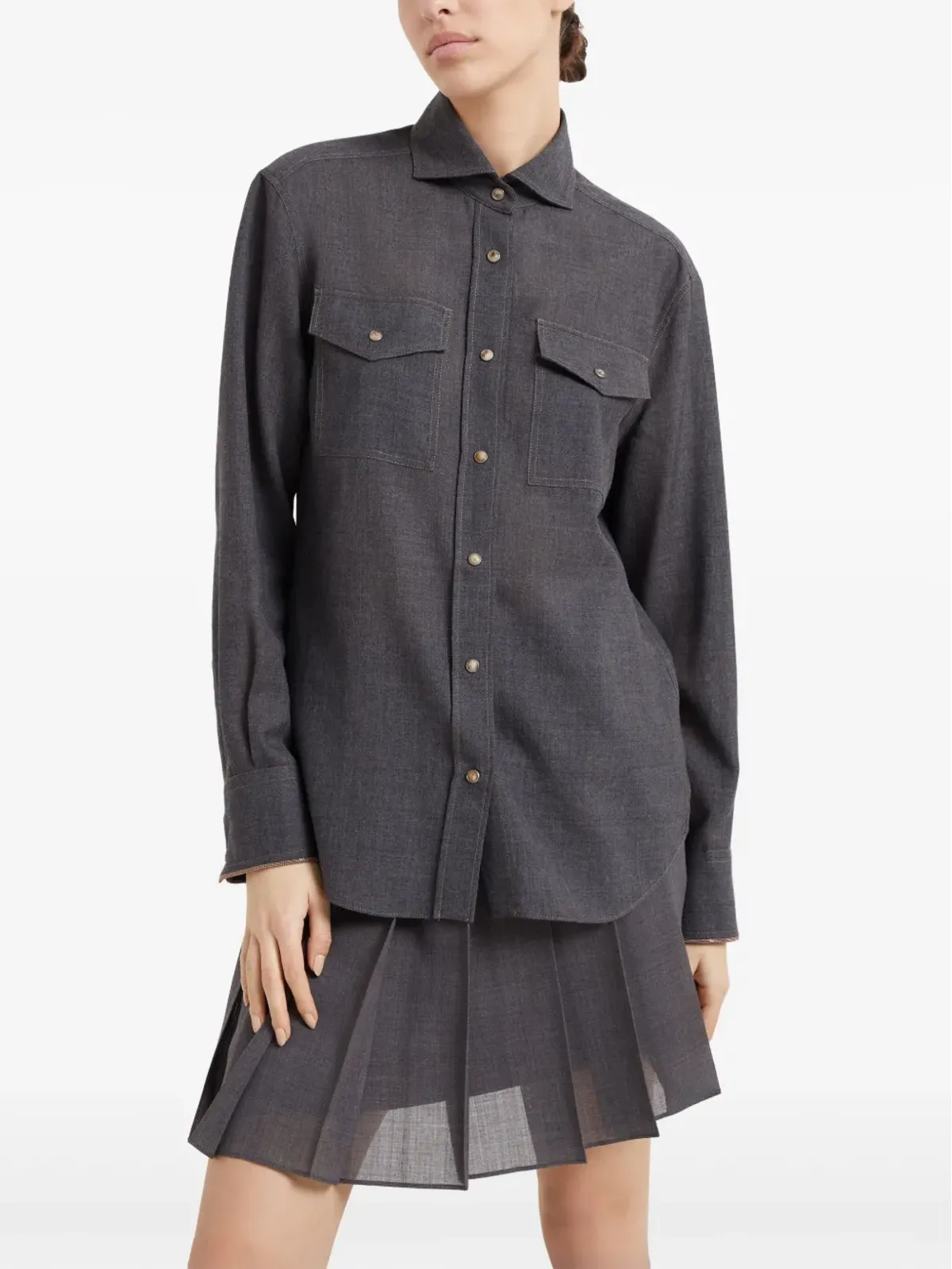 Brunello Cucinelli モニリートリム ヴァージンウール シャツ グレー - 画像3