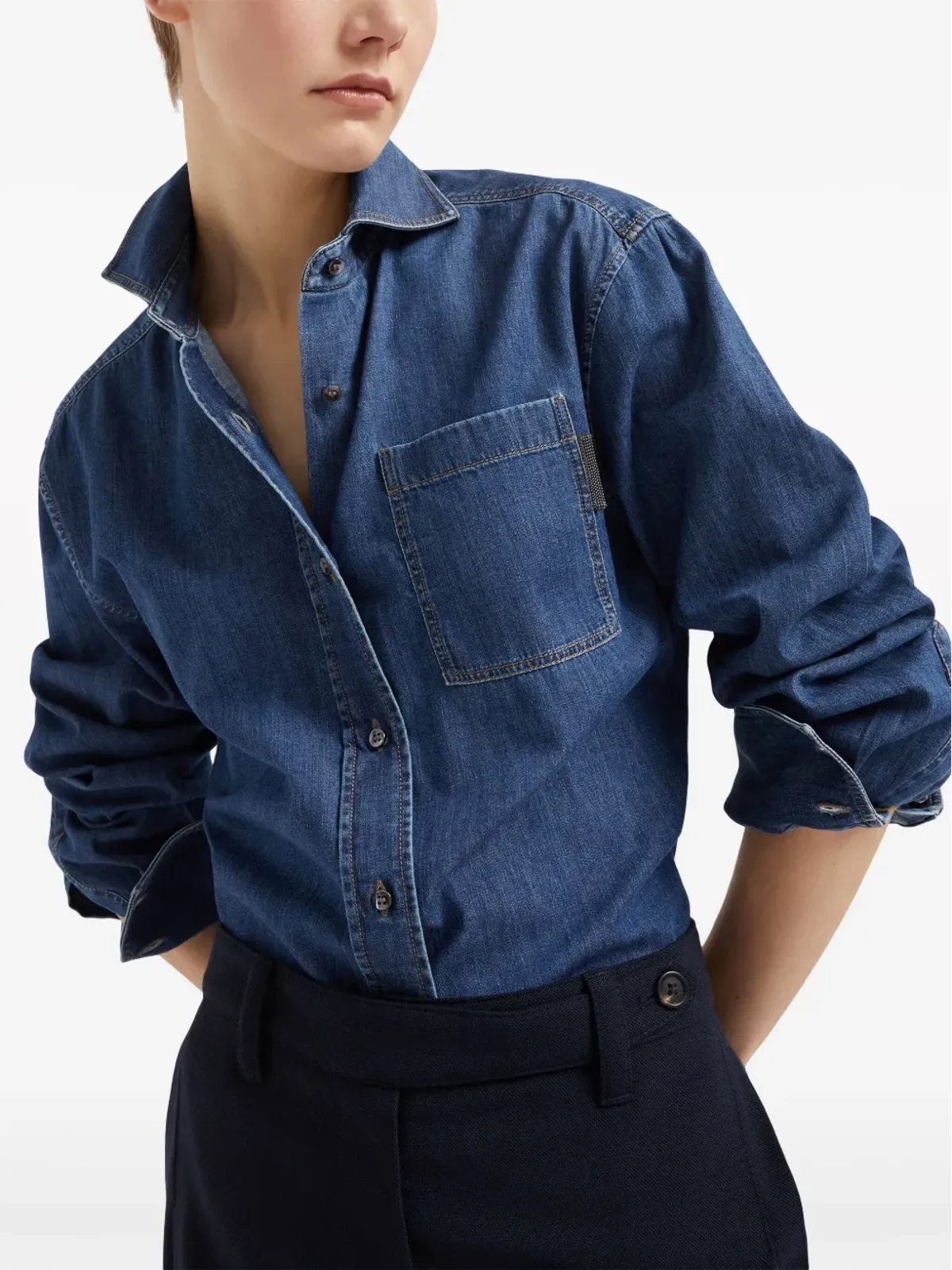 Brunello Cucinelli モニリ細工ボタン付きデニムシャツ ブルー - 画像5