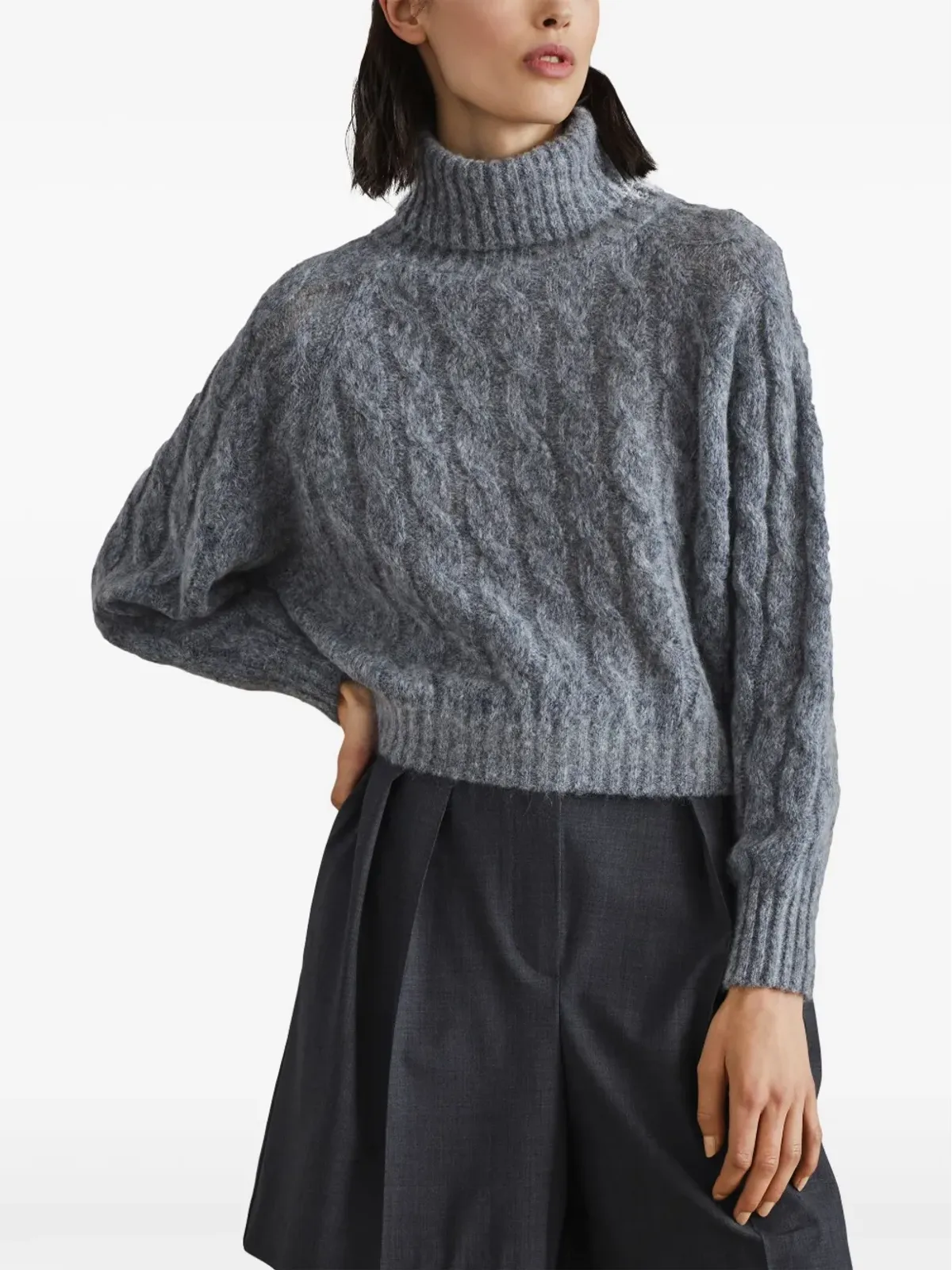 Brunello Cucinelli ロールネック ケーブル編み ニットセーター ブルー - 画像3