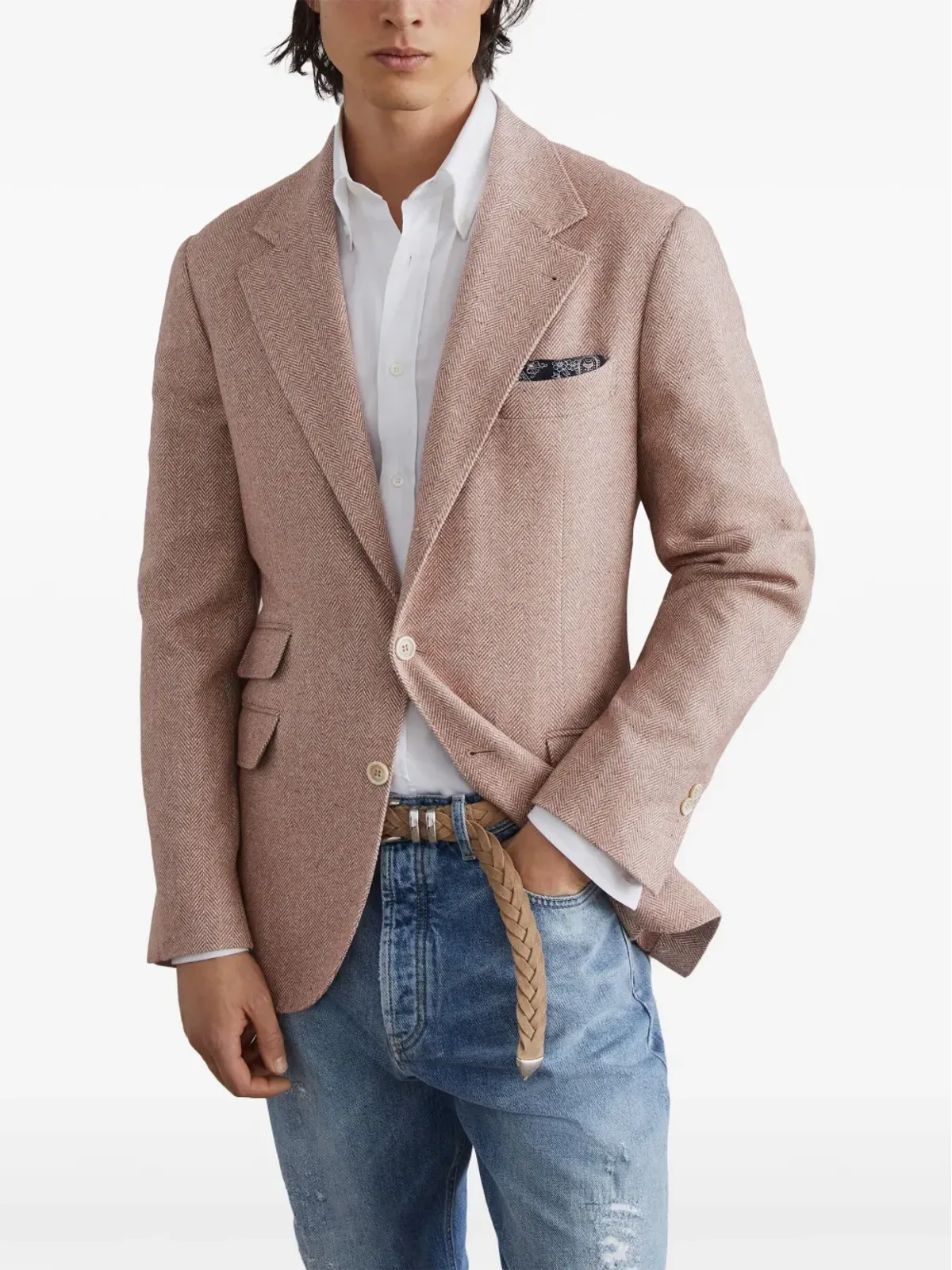 Brunello Cucinelli ヘリンボーンリネンブレザー オレンジ - 画像3