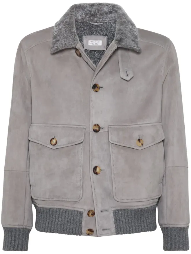 Brunello Cucinelli Brunello Cucinelli シアリングカラー スエードジャケット - グレーの商品画像