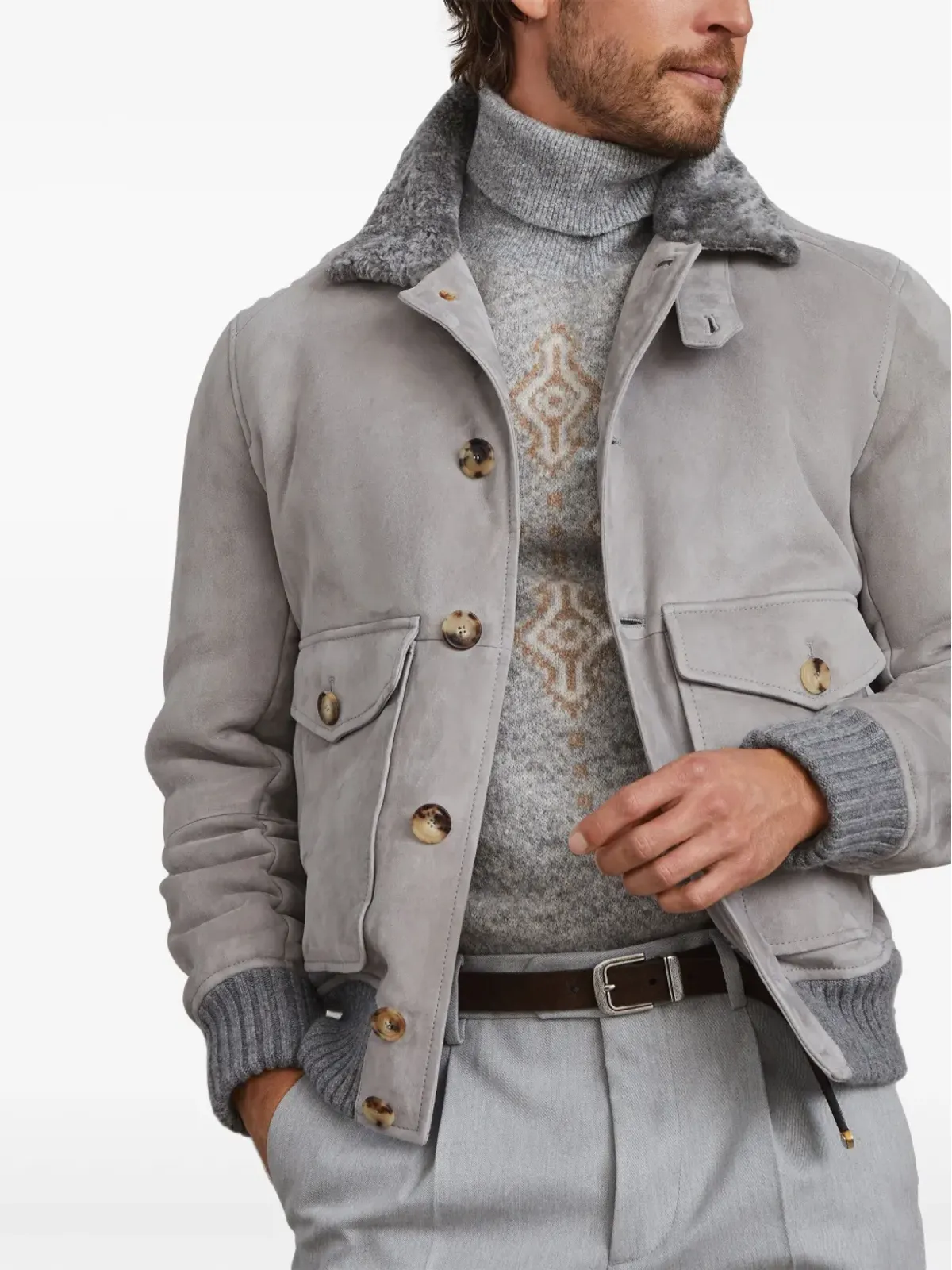 Brunello Cucinelli シアリングカラー スエードジャケット - グレー - 画像5