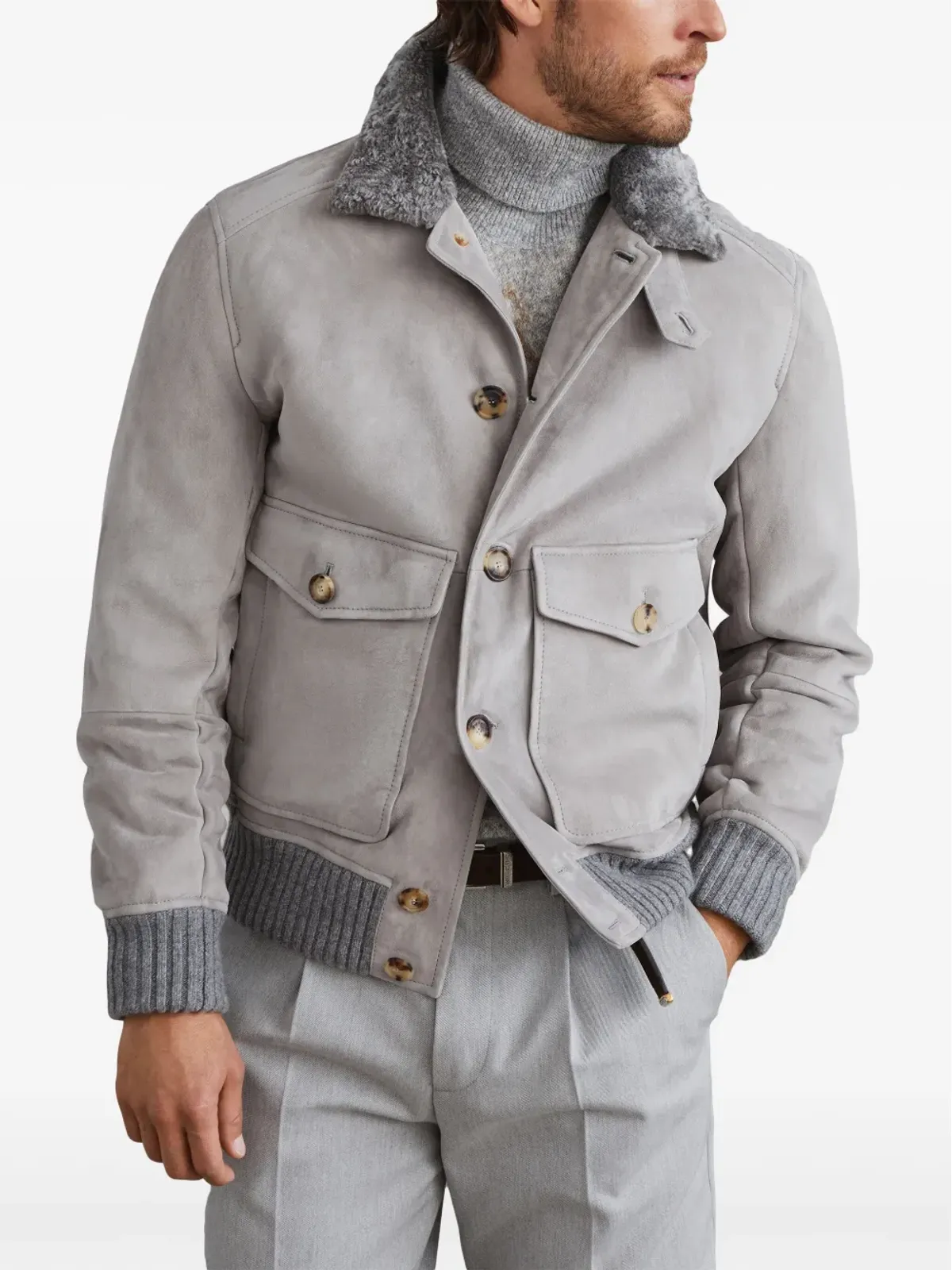 Brunello Cucinelli シアリングカラー スエードジャケット - グレー - 画像3