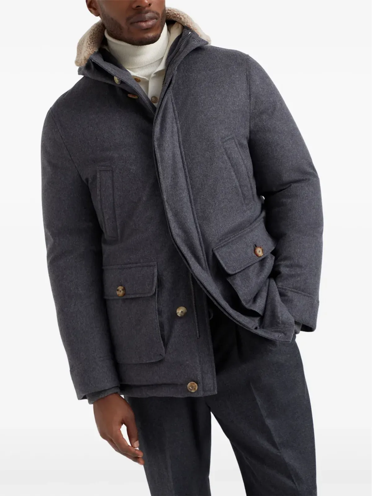 Brunello Cucinelli パディング入りフード付きウールジャケット - グレー - 画像3