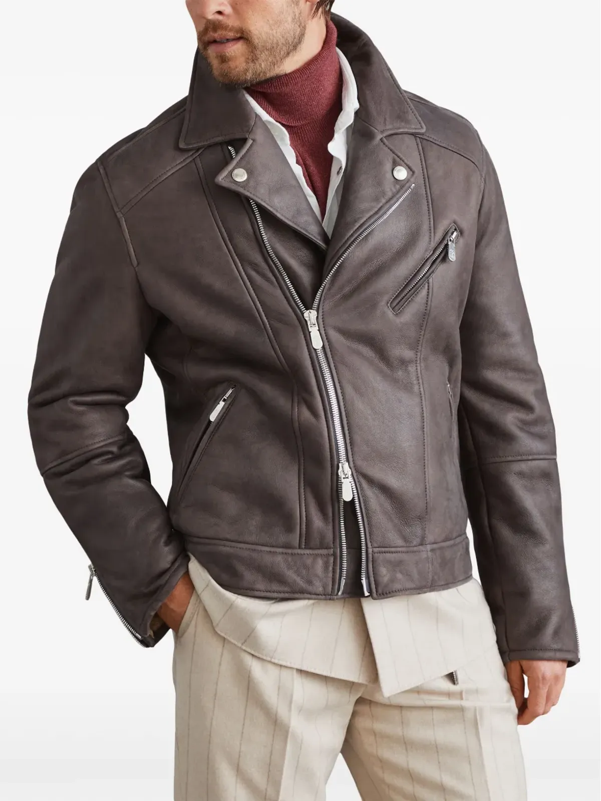 Brunello Cucinelli シアリングライニング付きレザージャケット - ブラック - 画像3