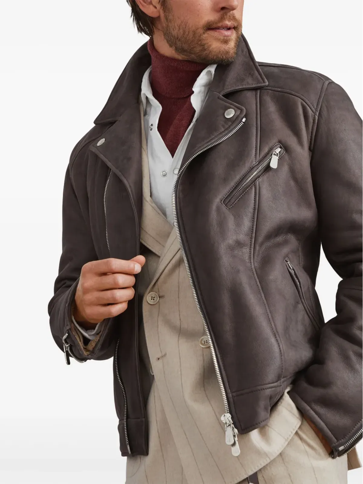 Brunello Cucinelli シアリングライニング付きレザージャケット - ブラック - 画像4
