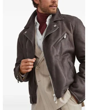 Brunello Cucinelli シアリングライニング付きレザージャケット - ブラック - サムネイル4