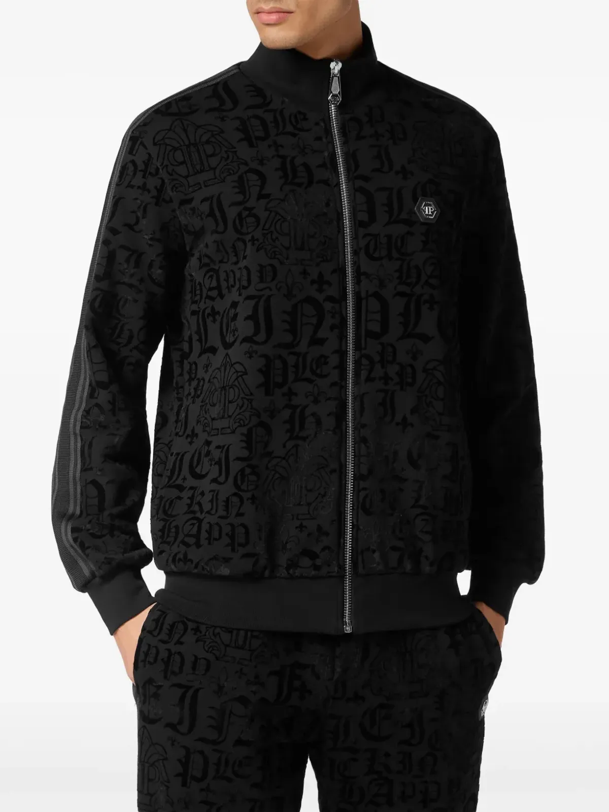 Philipp Plein ゴシックプリント サイドストライプ スポーツジャケット - ブラック - 画像3