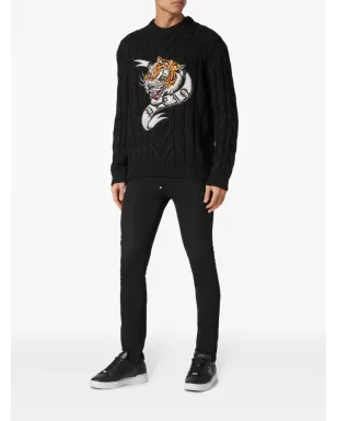 Philipp Plein タイガー刺繍入りウールニットセーター - ブラック - サムネイル2