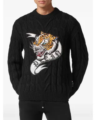 Philipp Plein タイガー刺繍入りウールニットセーター - ブラック - サムネイル3