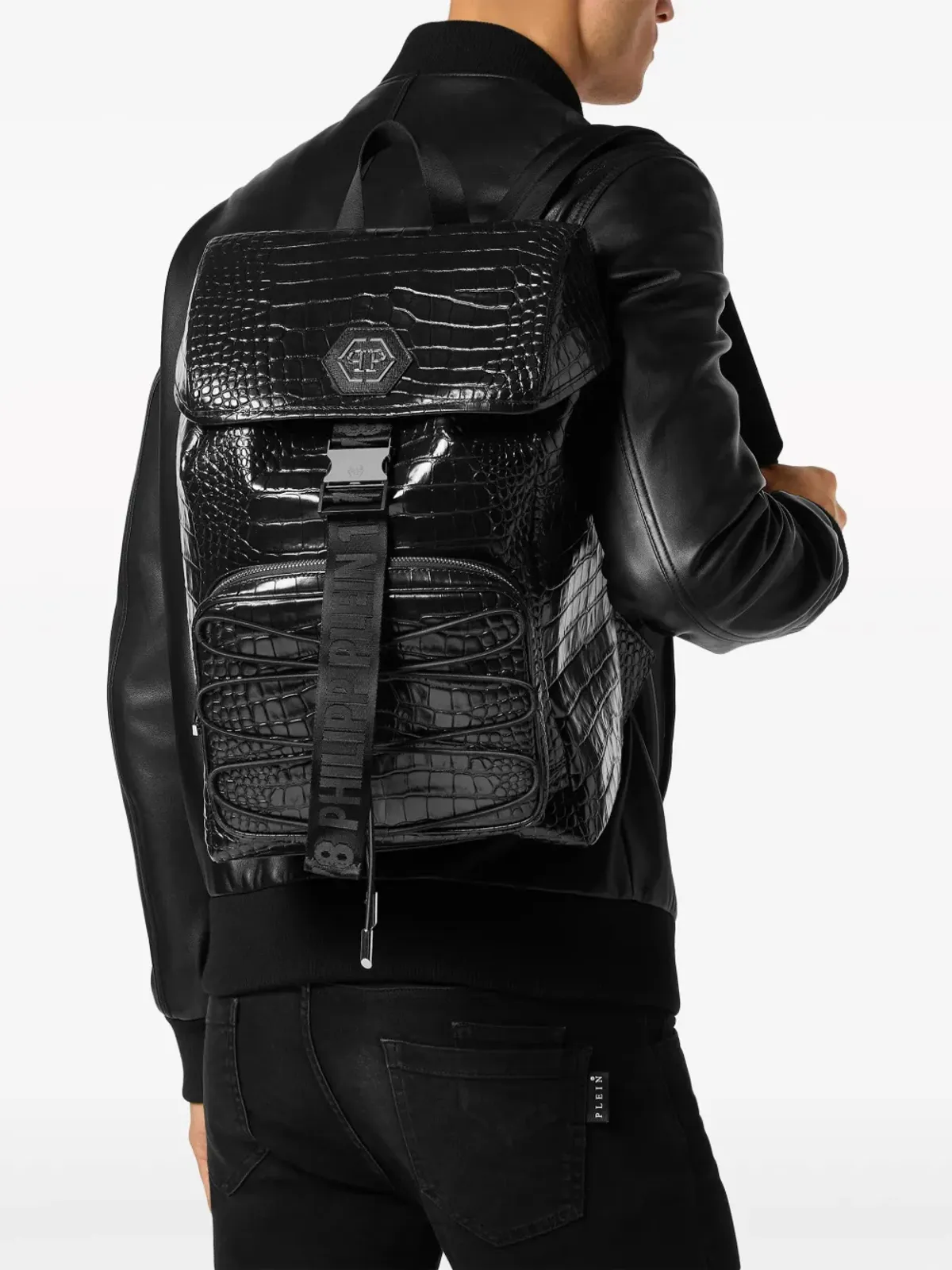 Philipp Plein クロコダイルエンボスレザー バックパック ブラック - 画像2