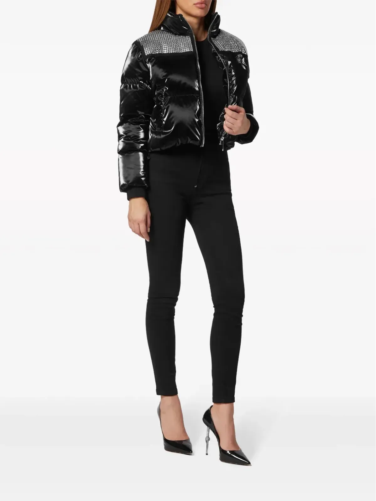 Philipp Plein クリスタルをあしらったクロップドダウンジャケット ブラック - 画像2