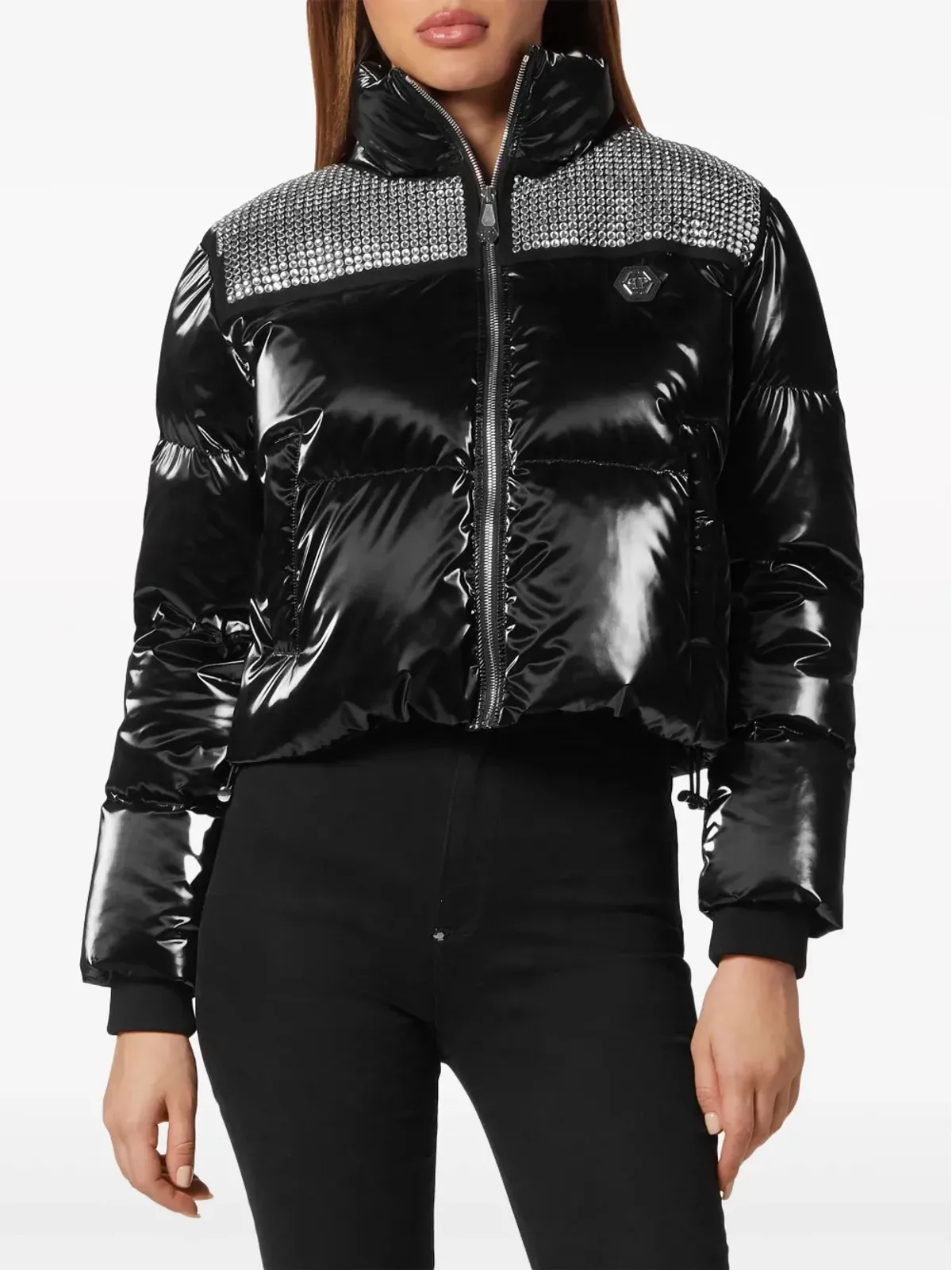 Philipp Plein クリスタルをあしらったクロップドダウンジャケット ブラック - 画像3