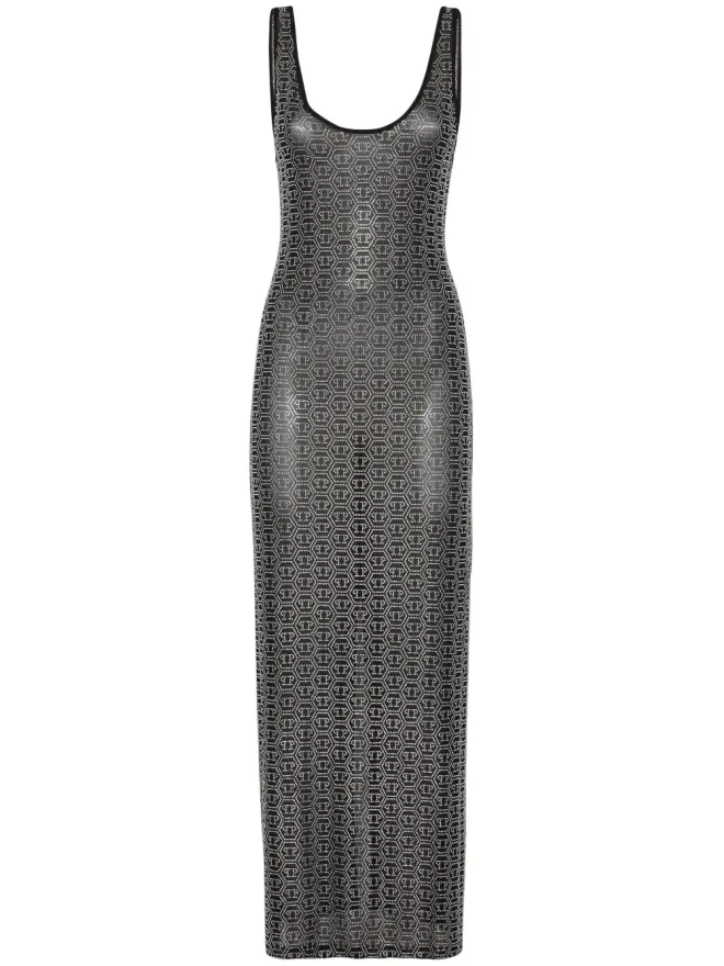 Philipp Plein Philipp Plein クリスタルモノグラム マキシドレス ブラックの商品画像