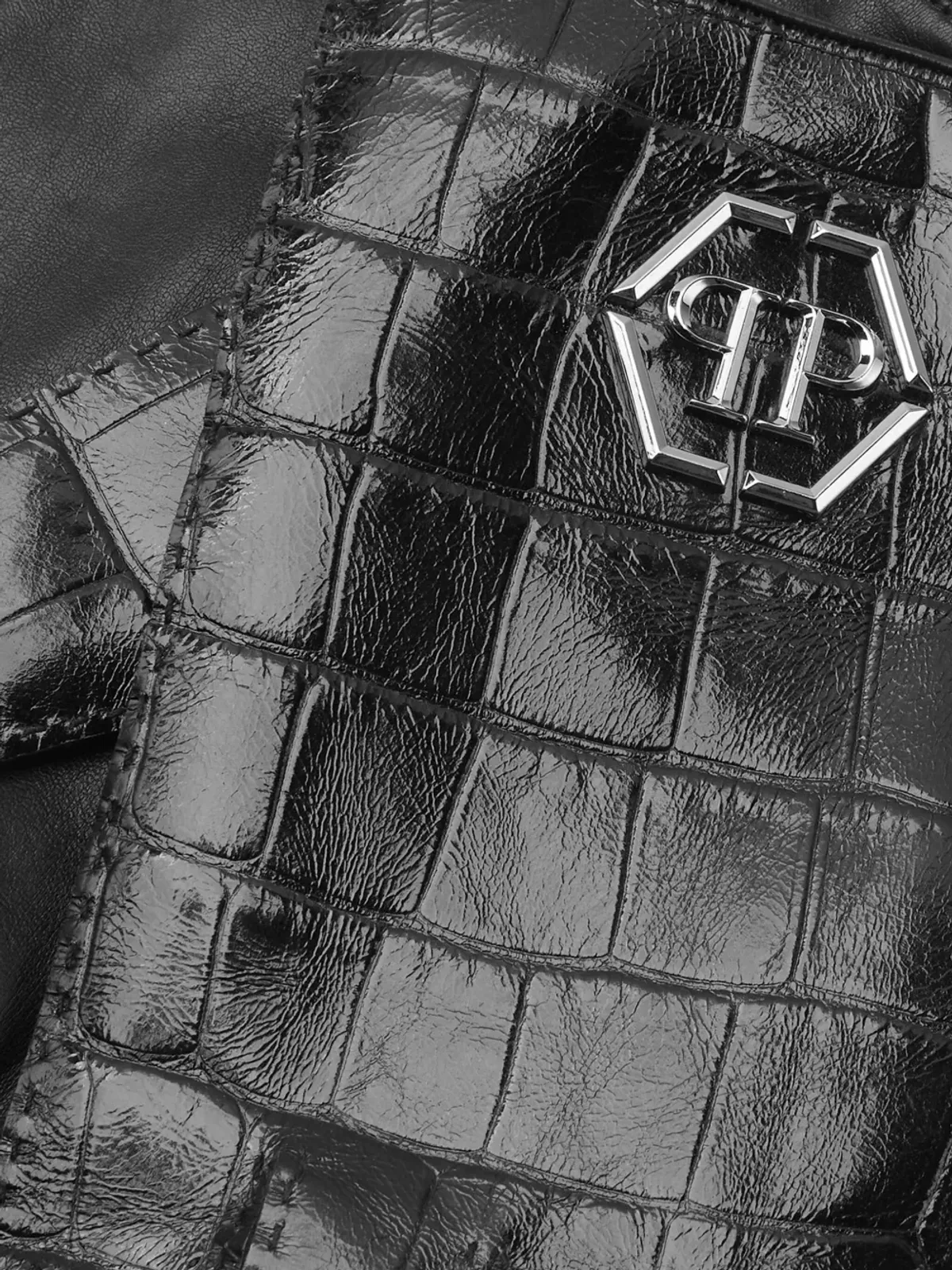 Philipp Plein クロコダイル風レザー手袋 ブラック - 画像2