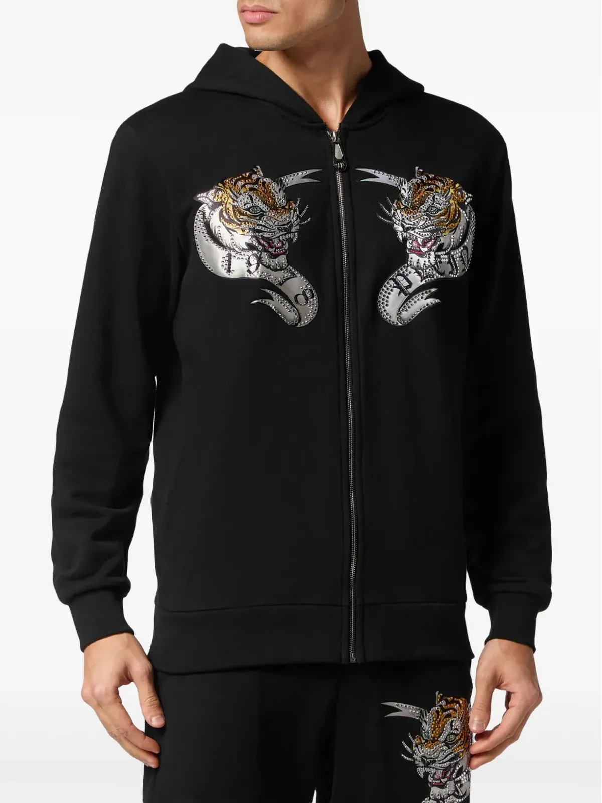 Philipp Plein タイガープリント クリスタル装飾フーディ - ブラック - 画像3