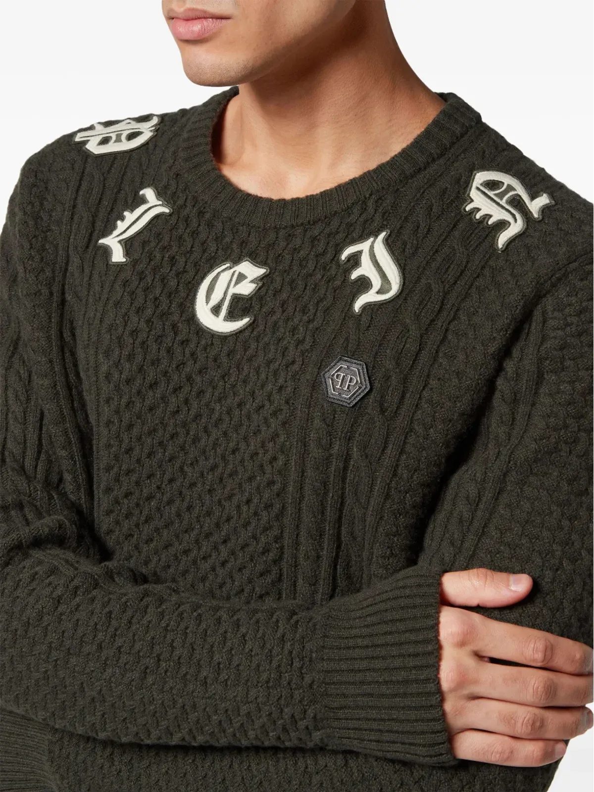 Philipp Plein ロゴ入りケーブルニットジャンパー - グリーン - 画像4