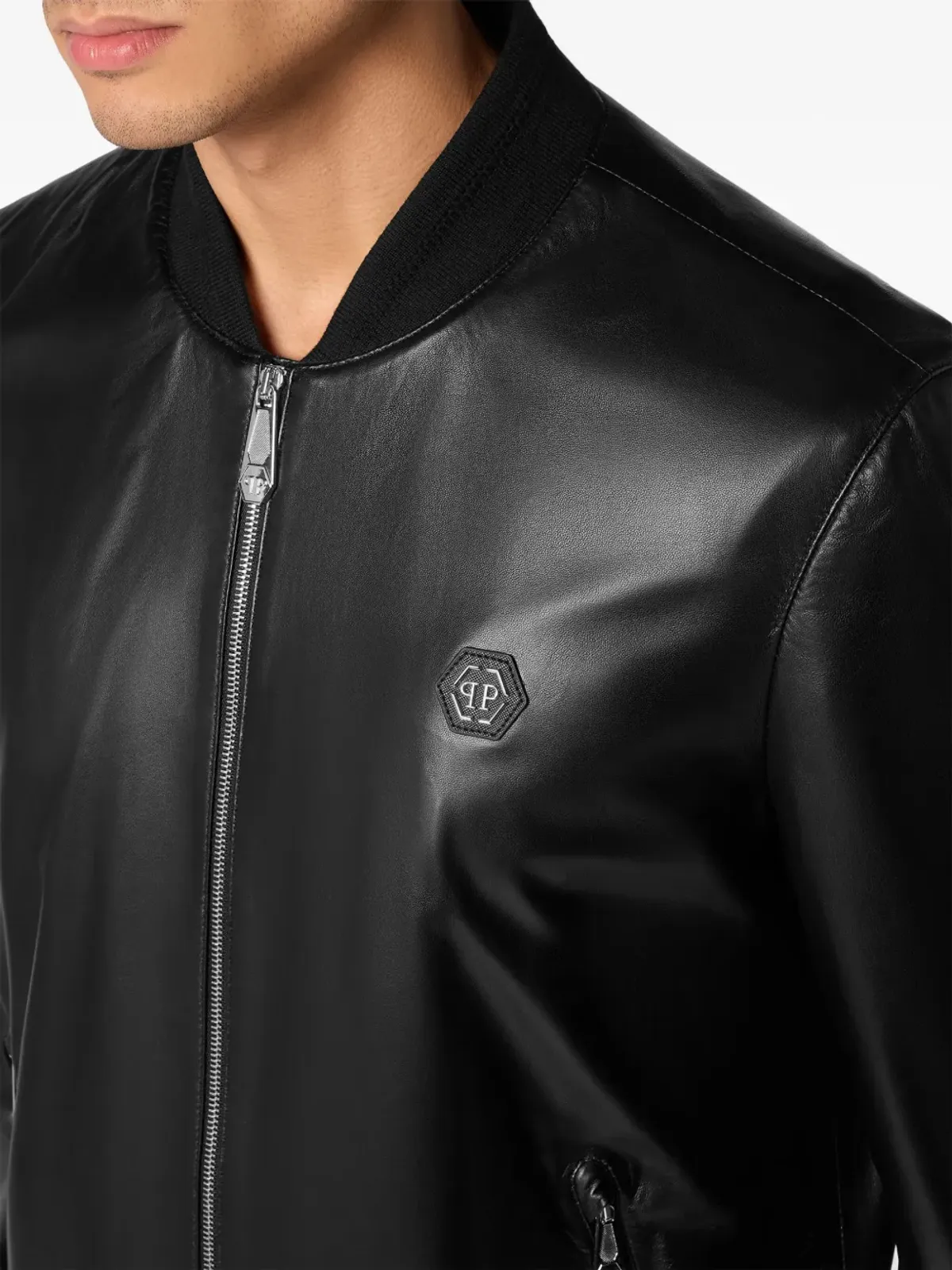 Philipp Plein レザー ボンバー ジャケット ブラック - 画像5