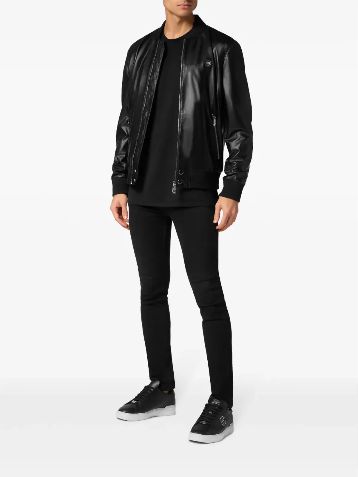 Philipp Plein レザー ボンバー ジャケット ブラック - 画像2