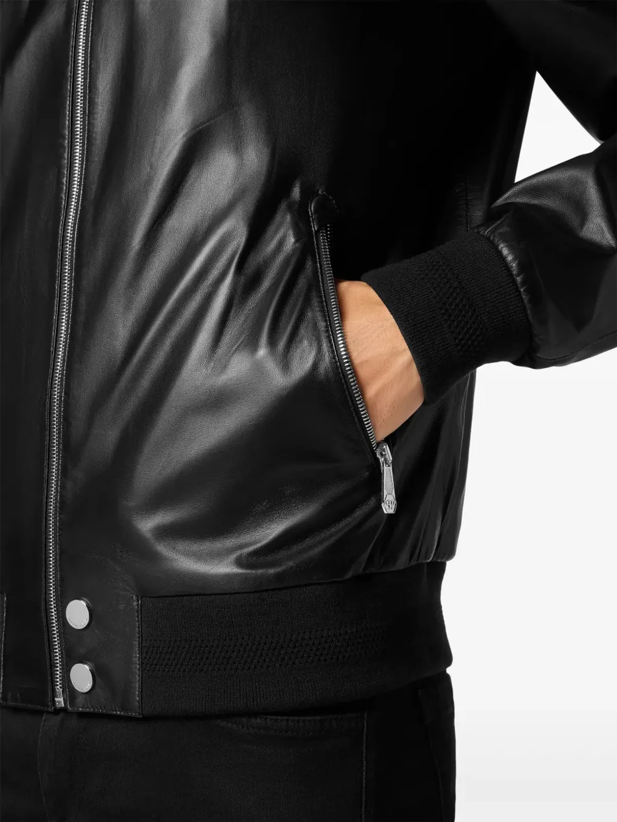 Philipp Plein レザー ボンバー ジャケット ブラック - 画像4