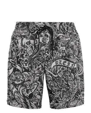 Philipp Plein タトゥー柄プリント ドローコード付きスイムショーツ - ブラック - サムネイル1