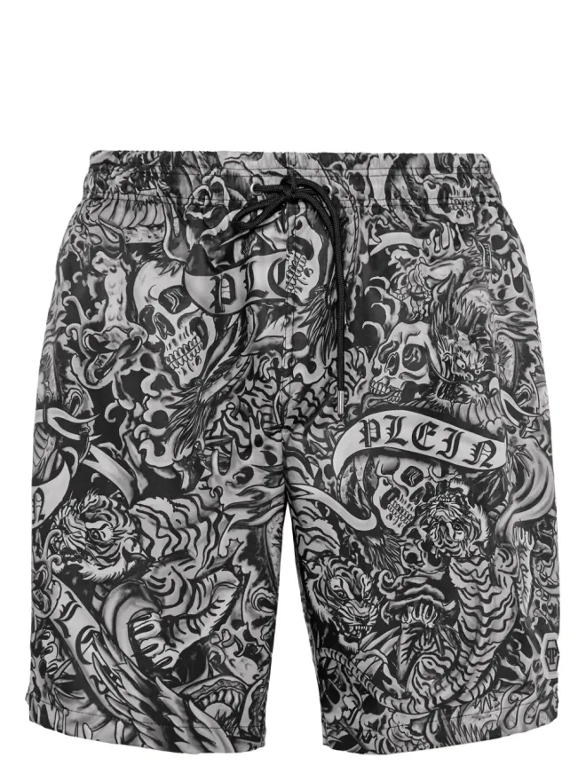 Philipp Plein Philipp Plein タトゥー柄プリント ドローコード付きスイムショーツ - ブラックの商品画像