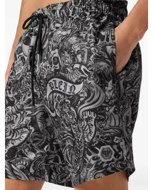 Philipp Plein タトゥー柄プリント ドローコード付きスイムショーツ - ブラック - サムネイル5