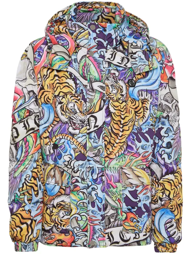 Philipp Plein Philipp Plein タトゥープリント フード付き ダウンジャケット - ブルーの商品画像