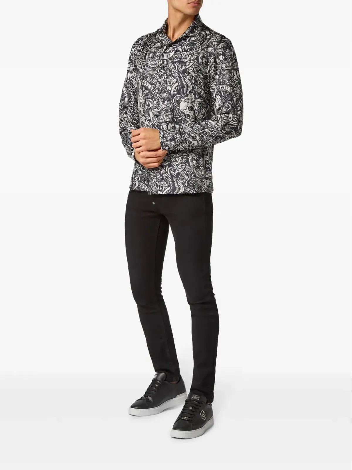 Philipp Plein タトゥープリント シルクシャツ ブラック - 画像2