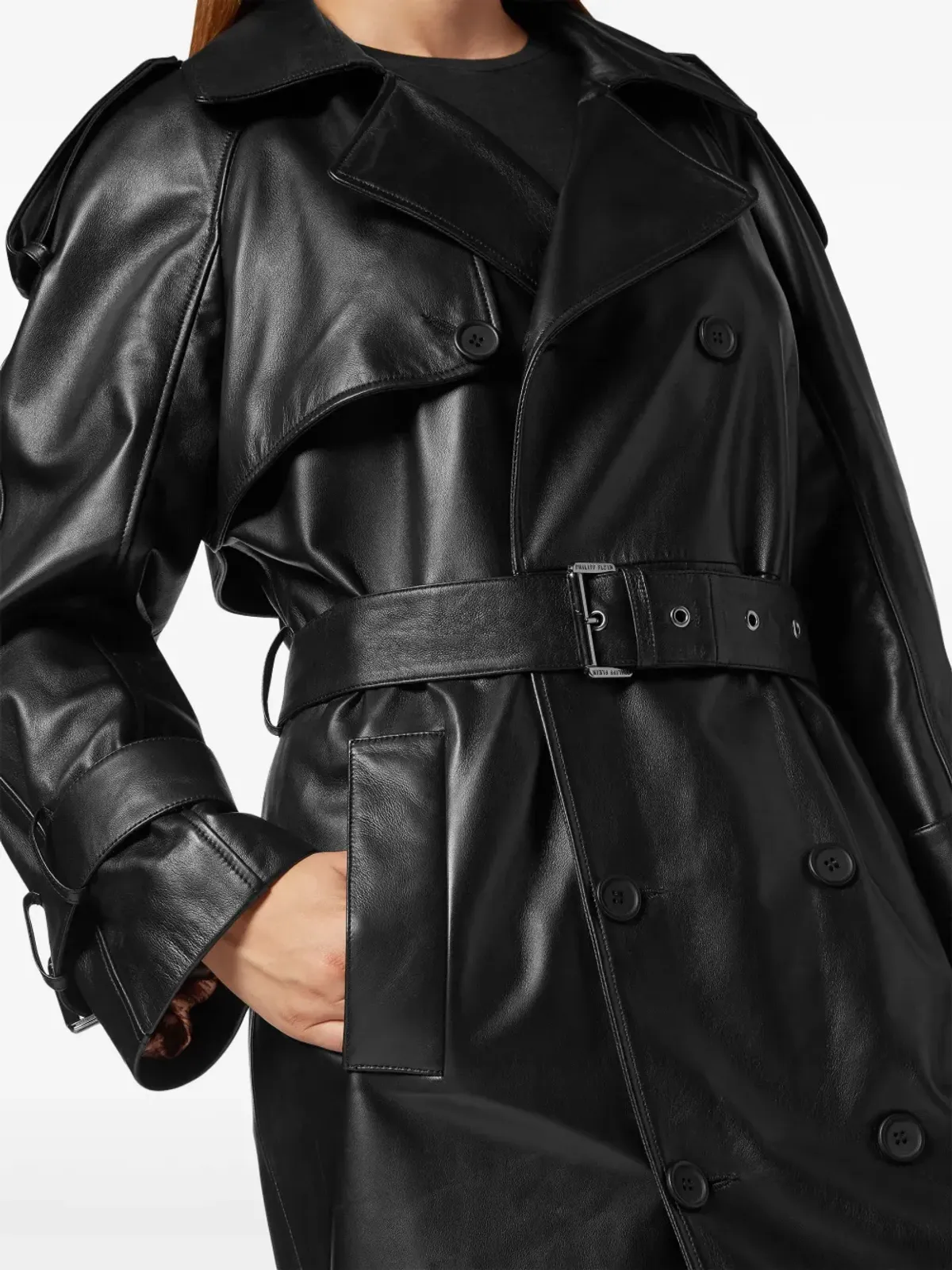 Philipp Plein ベルテッド レザー トレンチコート - ブラック - 画像4