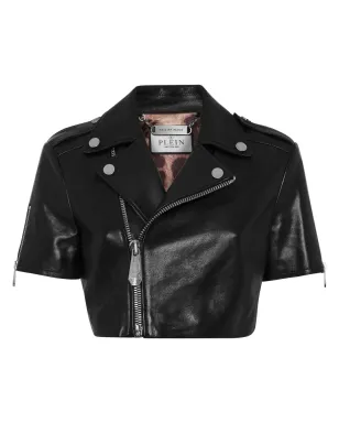 Philipp Plein レザー クロップド バイカージャケット ブラック - サムネイル1