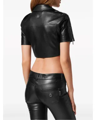 Philipp Plein レザー クロップド バイカージャケット ブラック - サムネイル4