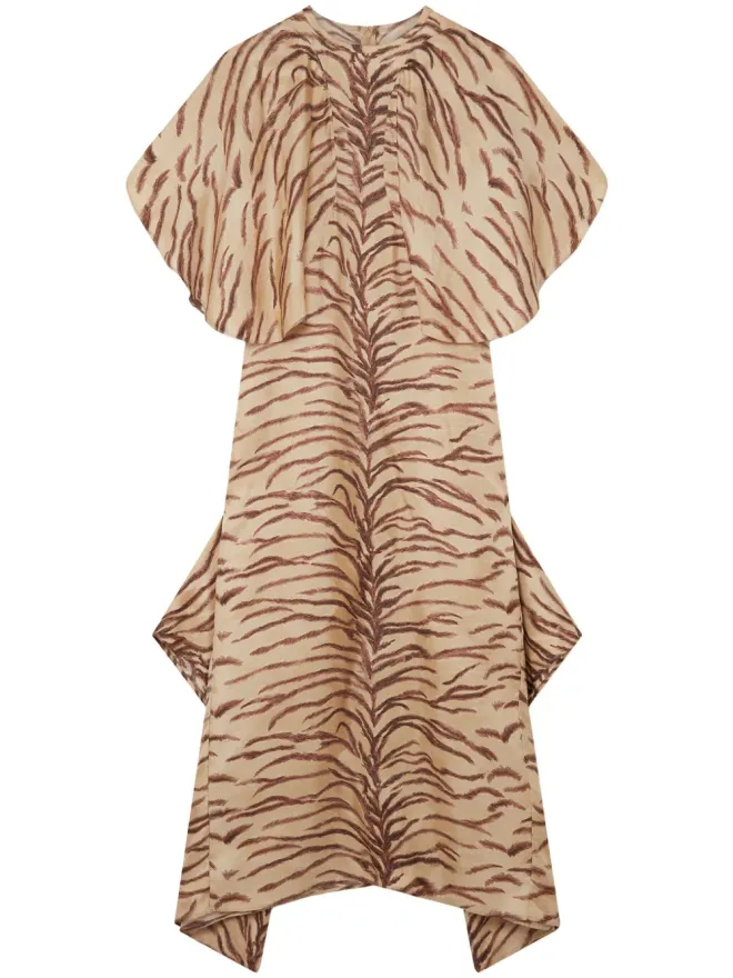 Stella McCartney Stella McCartney タイガープリントのオーガニックシルク ミディドレス - ブラウンの商品画像
