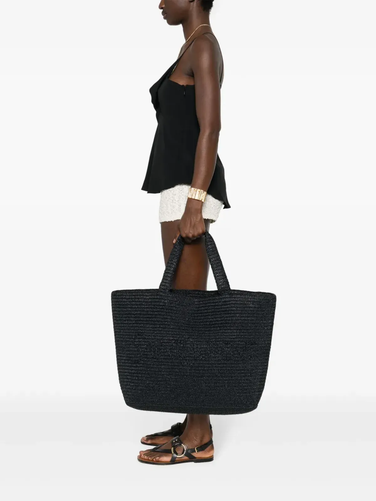 Saint Laurent ロゴ型押し ラフィア トートバッグ - ブラック - 画像2