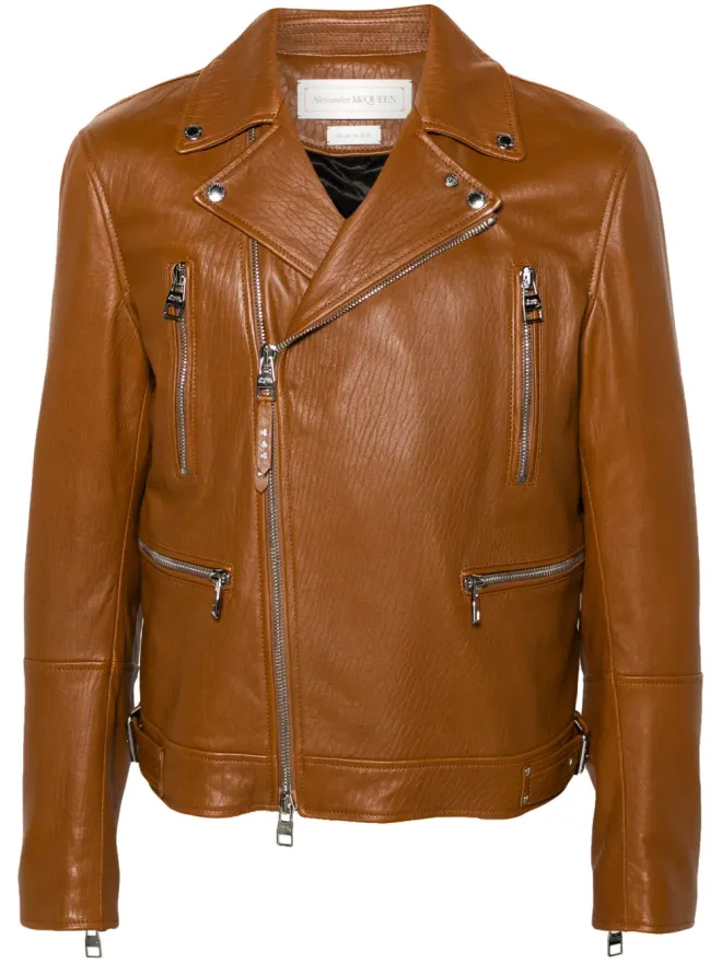 Alexander McQueen Alexander McQueen ジップアップ レザーバイカージャケット ブラウンの商品画像