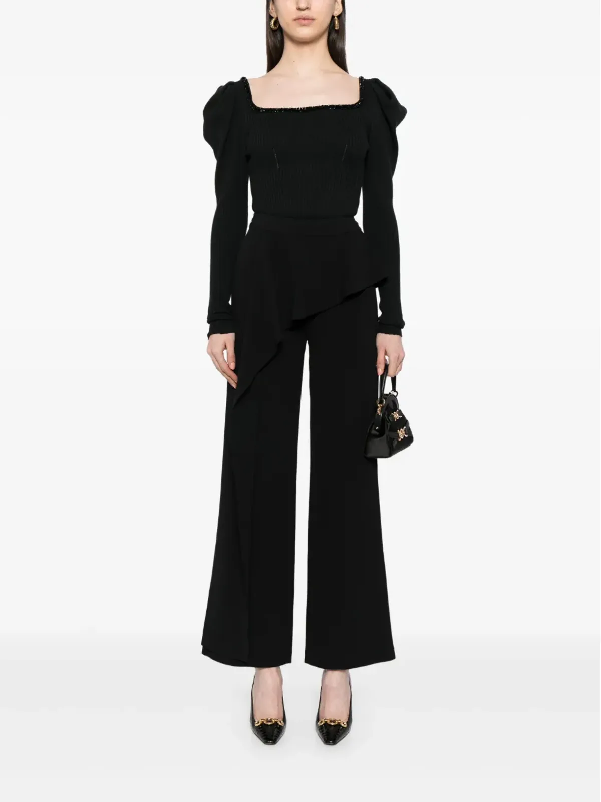 Edward Achour Paris ruffled-detail flared trousers - Black - 画像2