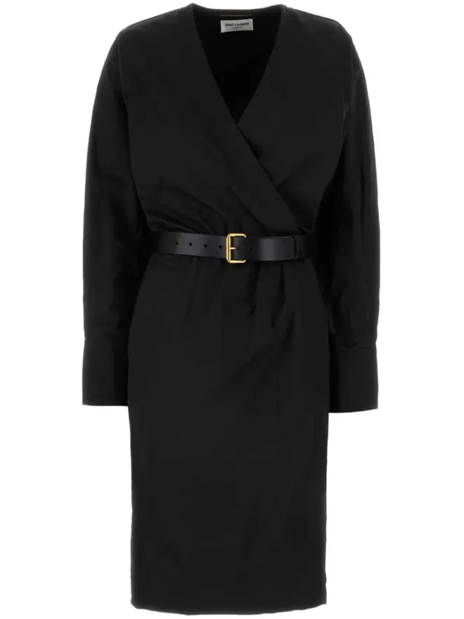 Saint Laurent Saint Laurent ベルト付きラップミディドレス - ブラックの商品画像