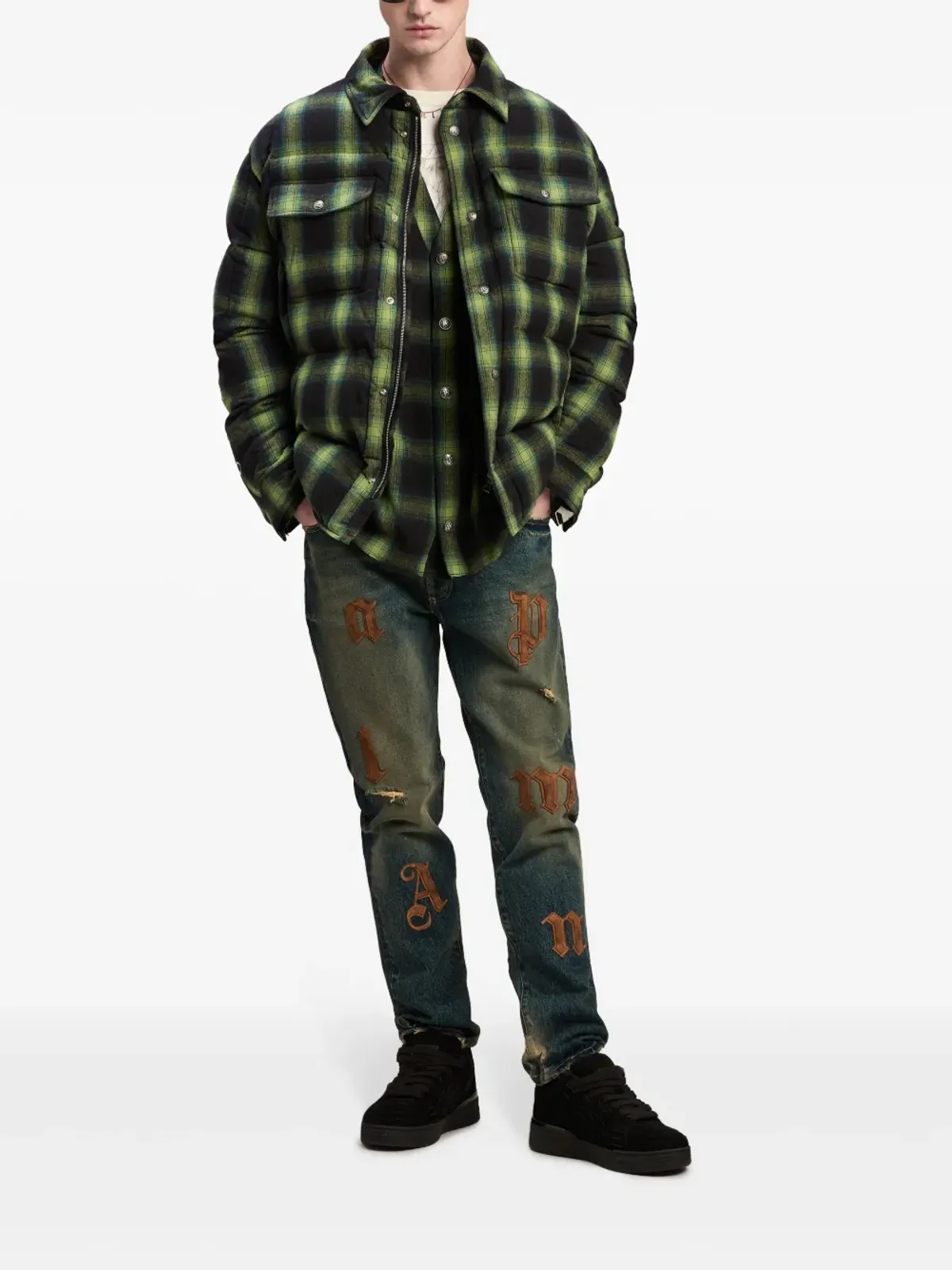 Palm Angels V-neck check-pattern cotton shirt - Green - 画像2
