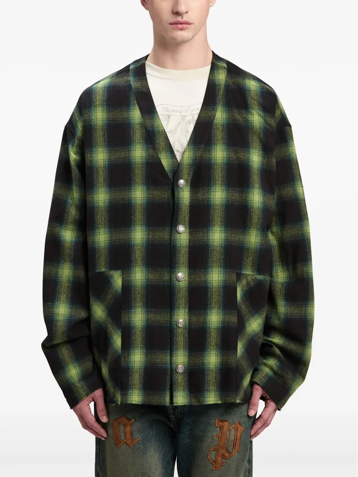 Palm Angels V-neck check-pattern cotton shirt - Green - 画像3