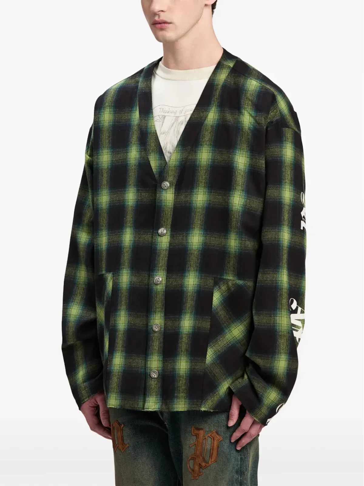Palm Angels V-neck check-pattern cotton shirt - Green - 画像4