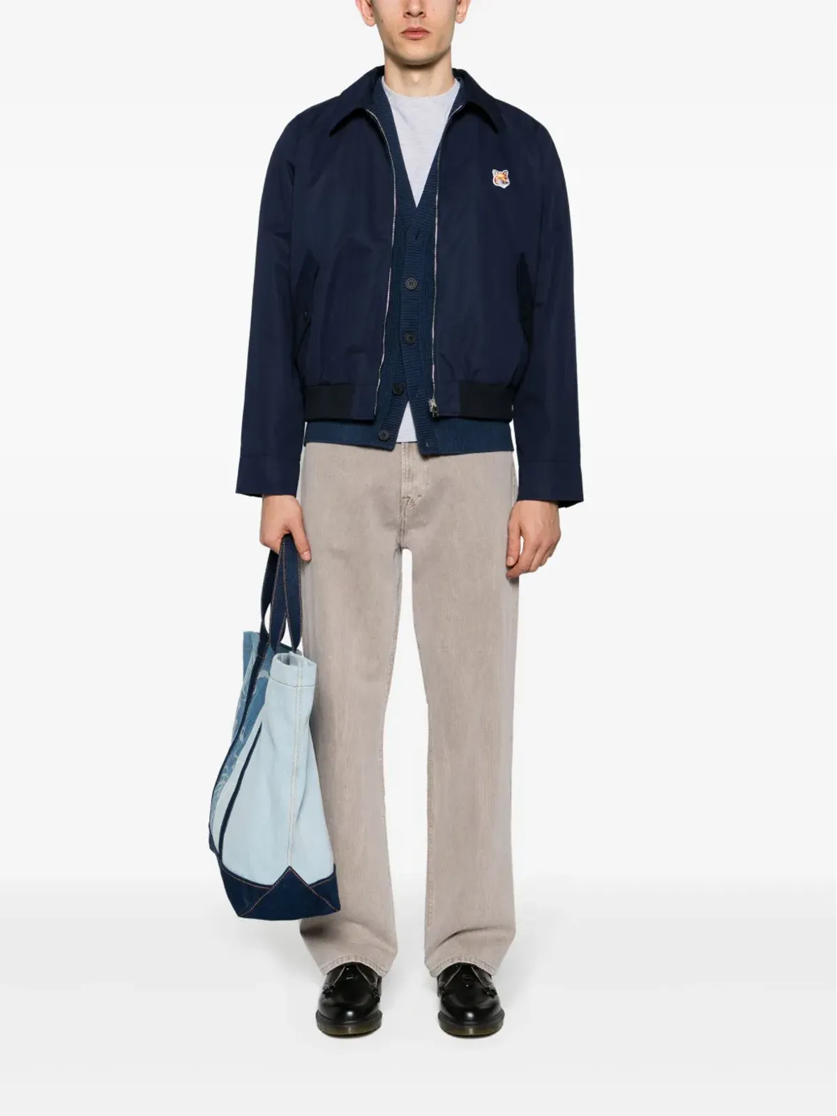Maison Kitsuné フォックスヘッドパッチ Vネック カーディガン ブルー - 画像2